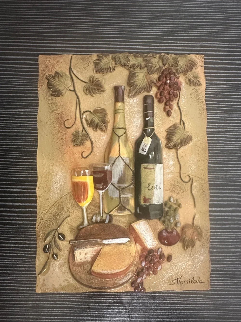 Wine & Cheese Wall Plaque - Wine Bottle and Grapes Artwork